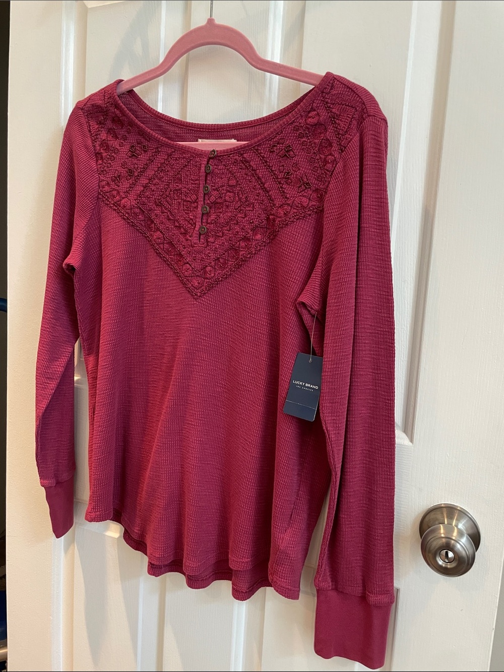 NWT Lucky Brand Long Sleeve Micro Beaded Yoke Henley Tee in Berry Red Size L